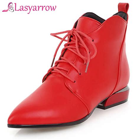 lasyarrow autumn lace up women ankle boots low chunky heel sexy pointed toe black red wedding