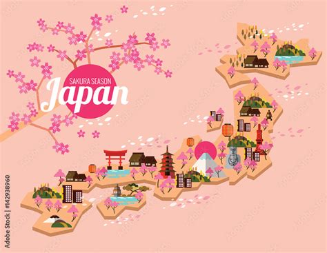 Japan Travel Map Sakura Season In Japanese Flat Design Elements