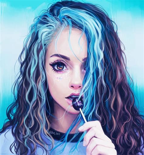 Blue Hair Women Looking At Viewer Artwork Drawing Blue Background