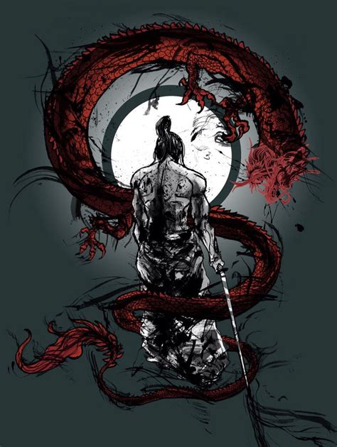 illustration samouraï homme noir et blanc torse nu avec dragon rouge japanese tattoo art