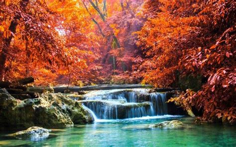 Nature Landscape Waterfall Forest Fall Sun Rays Trees Tropical Thailand Colorful River