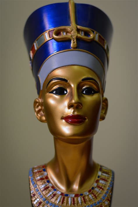 Statue Of Egyptian Art Queen Nefertiti Bust Large Hand Painted Gold Blue Made In Egypt Craibas