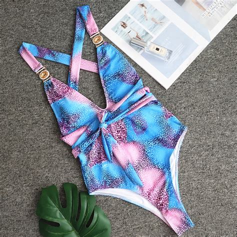 Womens Bikini Leopard Print One Piece Swimsuit Sexy V Neck Crystal