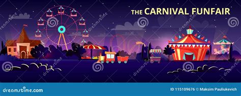 Amusement Park Vector Cartoon Illustration Of Carnival Funfair At Night