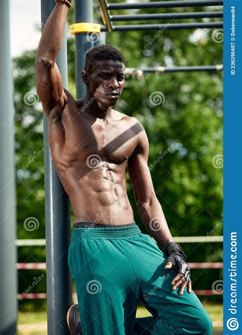 Strong Muscular Black Man With Naked Torso Bodybuilder Concept