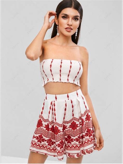 OFF Printed Smocked Top And Loose Shorts Set In WHITE ZAFUL