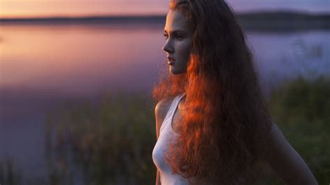 Wallpaper Sunlight Women Redhead Sunset Looking Away Lake