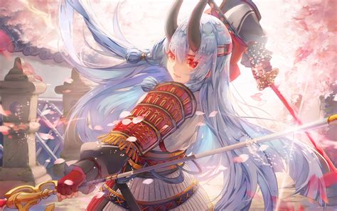 Red Manga Horns Demon Fantasy Girl Samurai Anime Katana Sword