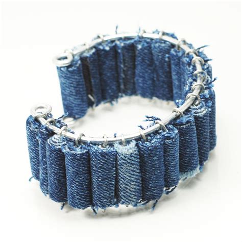 Blue Denim Cuff Bracelet Upcycled Fabric Bracelet Textile Jewelry