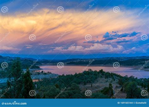 Aerial View Of River Valley At Sunset Nature Landscape Background Stock