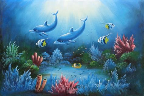 24x36 Dolphins Colorful Fishes Undersea Sea Plants