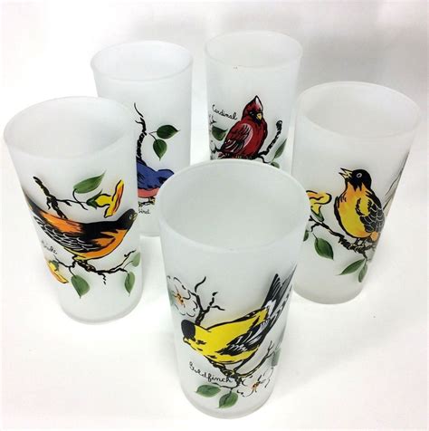 Frosted Hazel Atlas Vintage Birds Drinking Glasses Set Of 5 1950s Mid