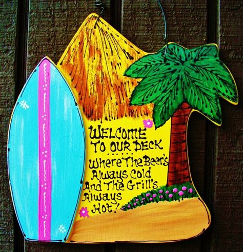 Deck Beer And Grill Sign Surfboard Tiki Bar Beach Handcrafted Etsy