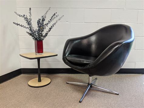 Mid century modern black vinyl swivel pod chair, overman furniture