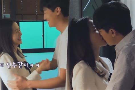 watch son ye jin and yeon woo jin show playful chemistry before filming their kiss scene in