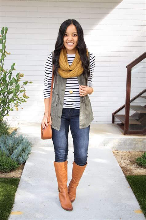 Striped Tee Utility Vest Riding Boots Scarf Casual Fall Outfits Fall Winter Outfits