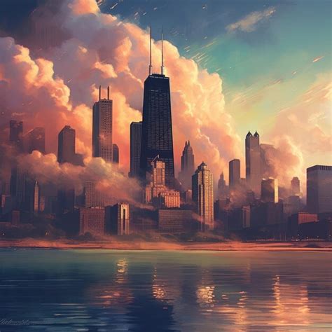 Premium Ai Image Chicago City Skyline Dramatic Sunset On The Downtown