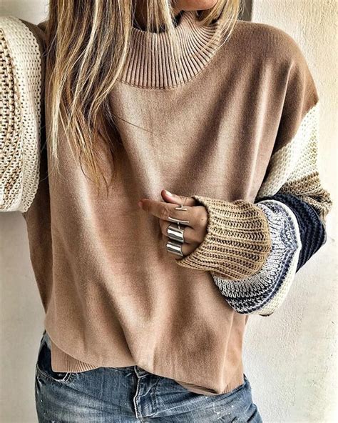 Colorblock Patchwork Design Casual Sweater Sweaters Women Fashion