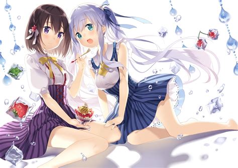 Wallpaper Illustration Food Long Hair Anime Girls Water Short Hair Fruit Cartoon Skirt