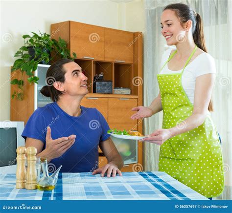Woman Serving Food Her Husband Stock Image Image Of Care Male