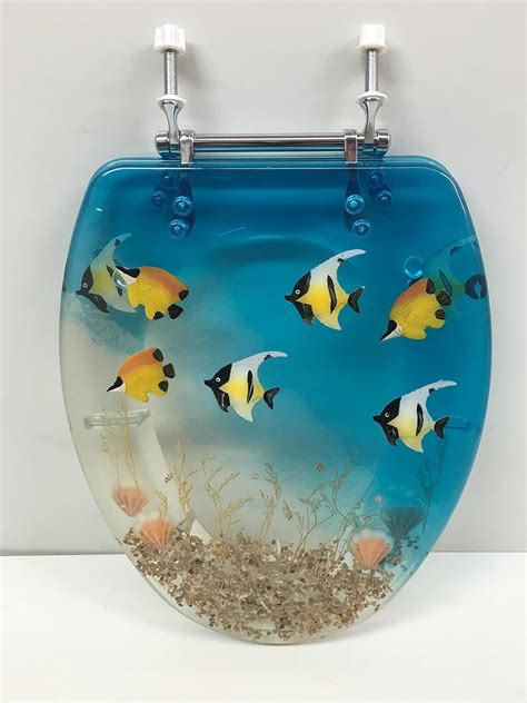 ELONGATED BLUE AQUARIUM FISH RESIN TOILET SEAT CHROME HINGES Amazon Com