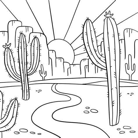 página para colorear con el paisaje del desierto de arizona Desierto de línea blanca y negra