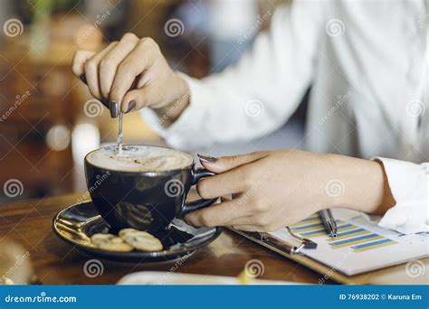 Woman Stirring Coffee Stock Photo Image Of Employee