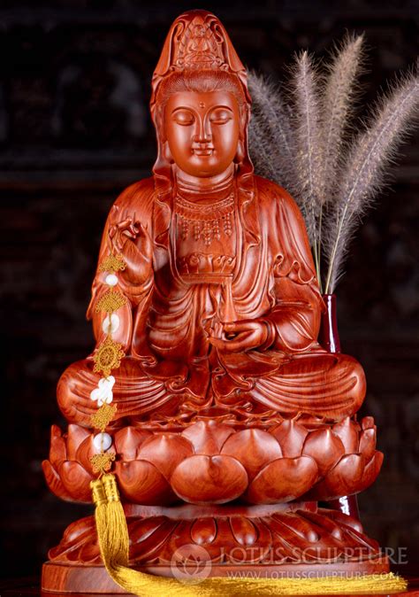 Sold Wood Carved Kwan Yin Bodhisattva Of Compassion Holding Vase Of