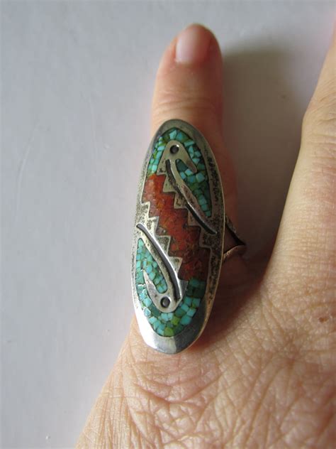 Sterling Native American Ring Crushed Coral Turquoise Size