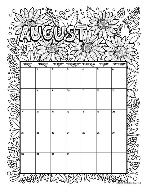 August 2022 Printable Coloring Calendar Page Woo Jr Kids Activities