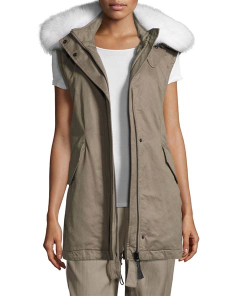 Derek Lam 10 Crosby Utility Cotton Vest W Fur Hood Sage Neiman Marcus