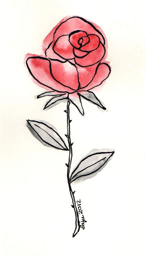 A Drawing Of A Red Rose With Leaves On The Stem And One Flower In The