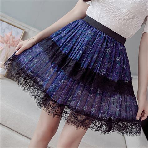 2018 summer korean pleated skirt sexy lace chiffon skirt for girls lady short skater women