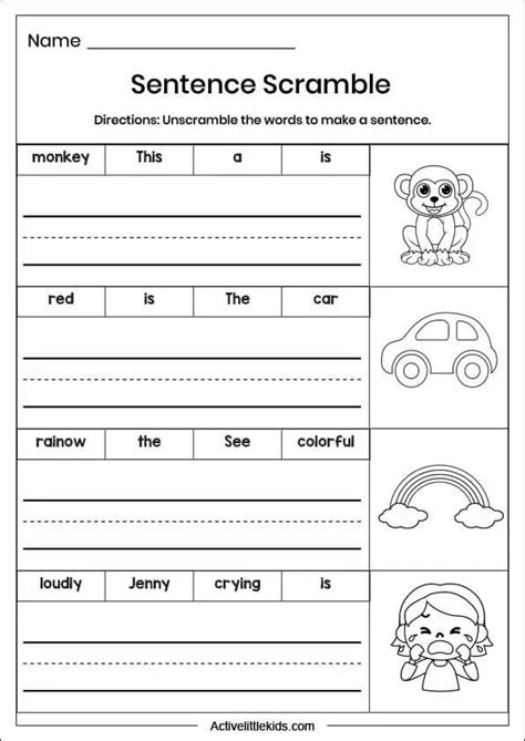 Sentence Scramble Worksheet With Pictures And Words To Help Students