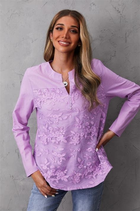 Womens V Neck Floral Embroidery Long Sleeves Blouse Ivyalpha
