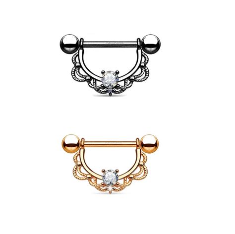 Newness 100316l Surgical Steel Prong Set Brilliant Cut Cz Filigree Design Nipple Jewelry Body