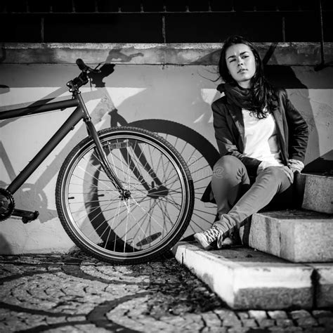 Urban Biking Teenage Girl And Bike In City Stock Image Image Of