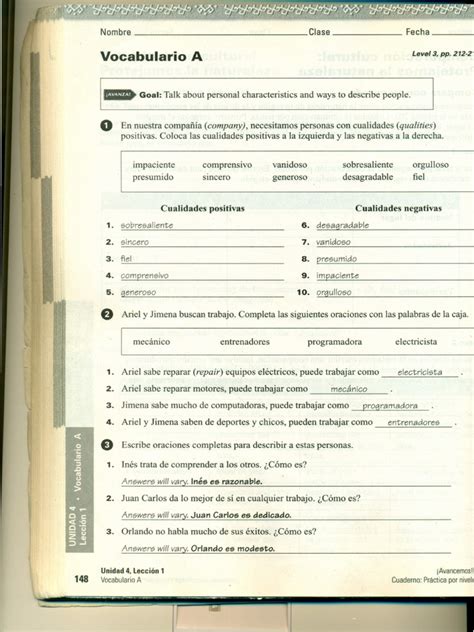 Destination grammar and vocabulary with answer key. Cuatro Uno Work Book Keys