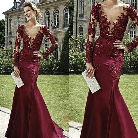 Burgundy Long Sleeve Illusion Lace Applique V Neck Mermaid Prom Dress