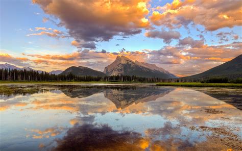 Nature Landscape Mountains Clouds Reflection Lake Banff Canada