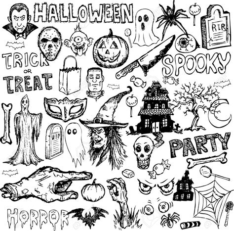 Black And White Halloween Doodles With Pumpkins Bats Witches Ghostes