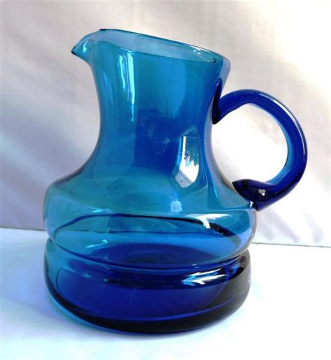 Large Blue Glass Pitcher Hand Blown Unique Mod Blenko Etsy Blue Glass Pitcher Glass