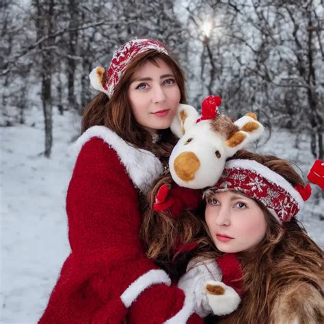 russian girl cuddling reindeer plush christmas sno openart