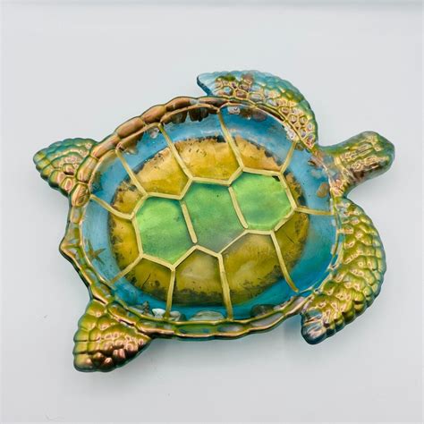 Sea Turtle Tray Gold And Blue Green Chameleon Colors With Sea Shells