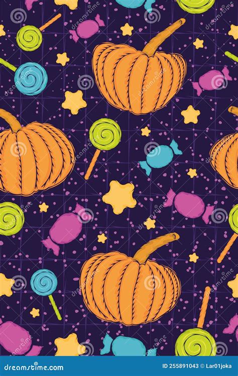 Halloween Seamless Pattern Background With Candies And Pumpkins Vector Stock Vector