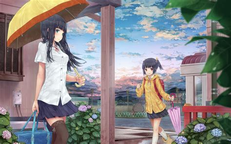 Clouds Rain Flowers School Uniforms Umbrellas Anime Girls Sky Upscaled