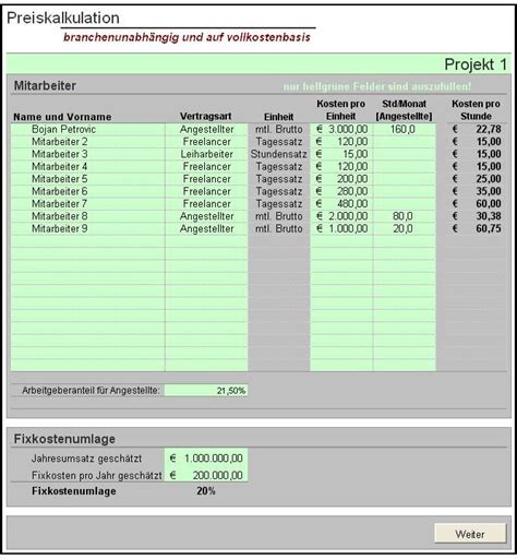 Excel Tool Preiskalkulation