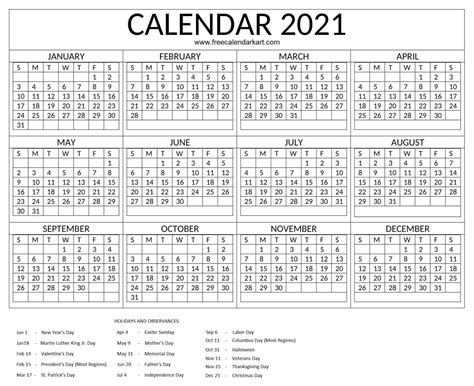 Free Printable Year 2021 Calendar With Holidays Free Calendar Kart
