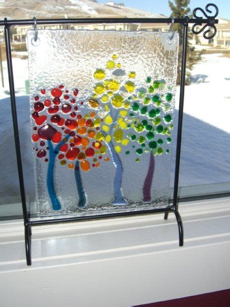 8x10 Hanging Panel Of Stylized Trees Hinting Of The Seasons Of Nature Fused Glass Artwork