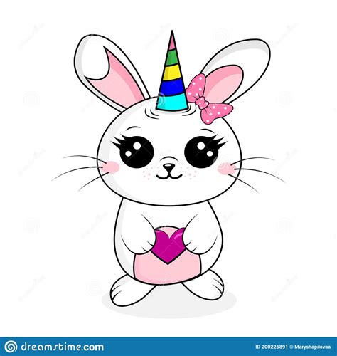 Cute Bunny Unicorn With Bow And Heart In The Hands Stock Vector